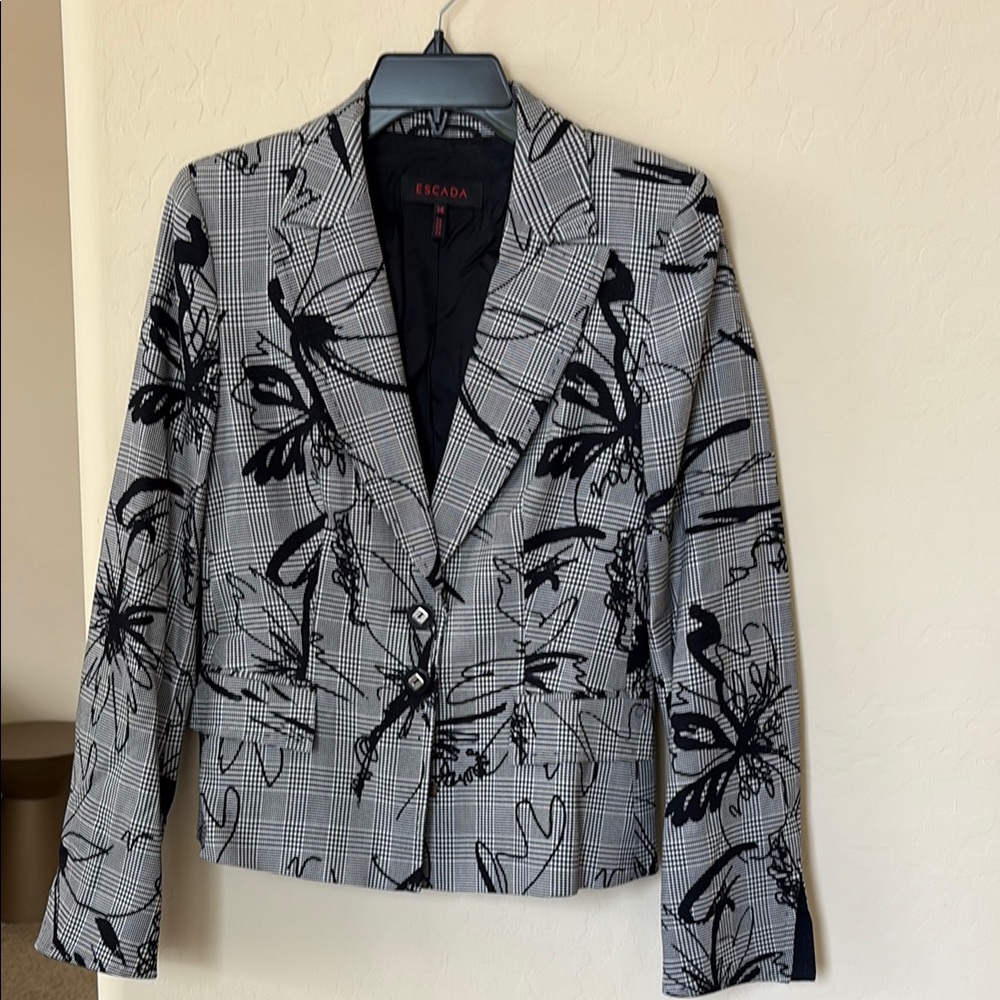 Escada Black & Gray Floral Blazer with 2 Button Front